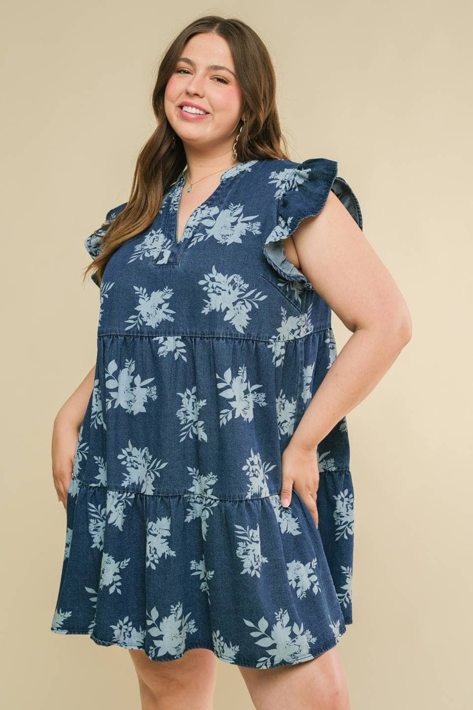 Plus Size Printed Denim Mini Dress