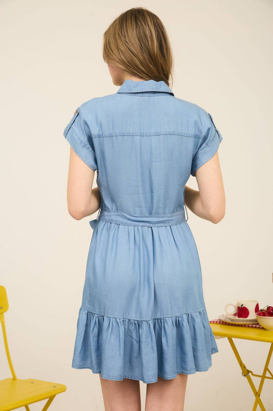 Ruffled Hem Belted Soft Denim Dress