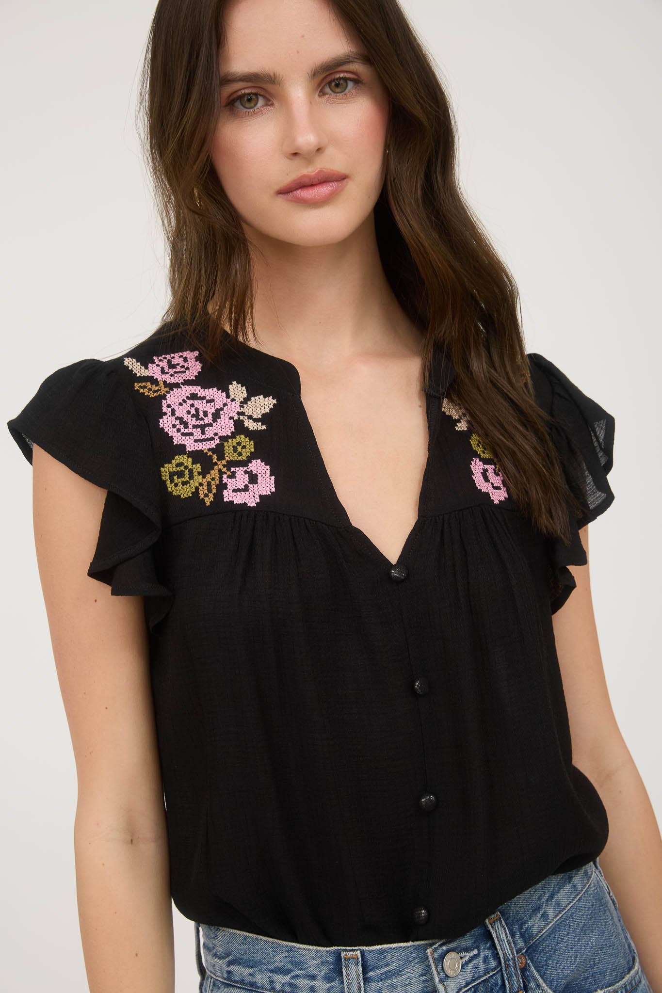 Floral Embroidery Button Down Top