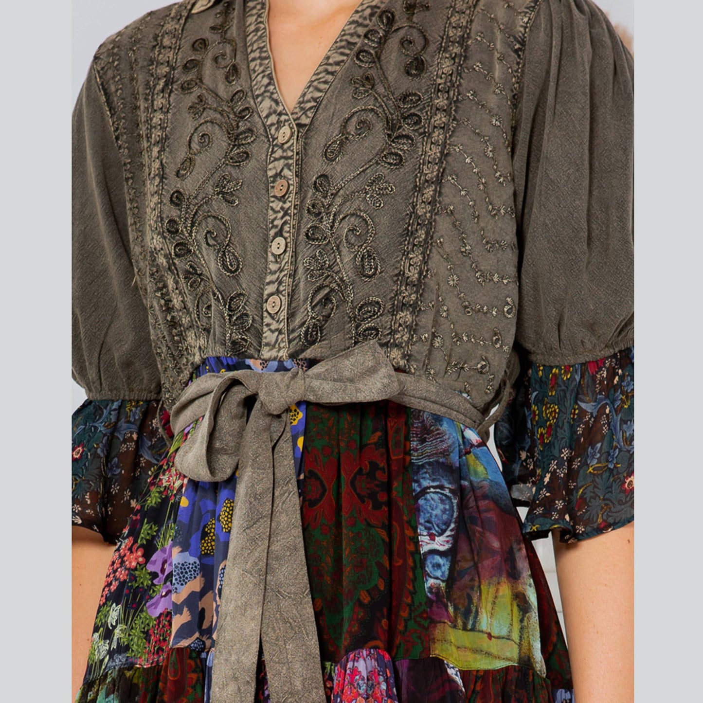 Stone-Washed Baby Doll Dress with Embroidery