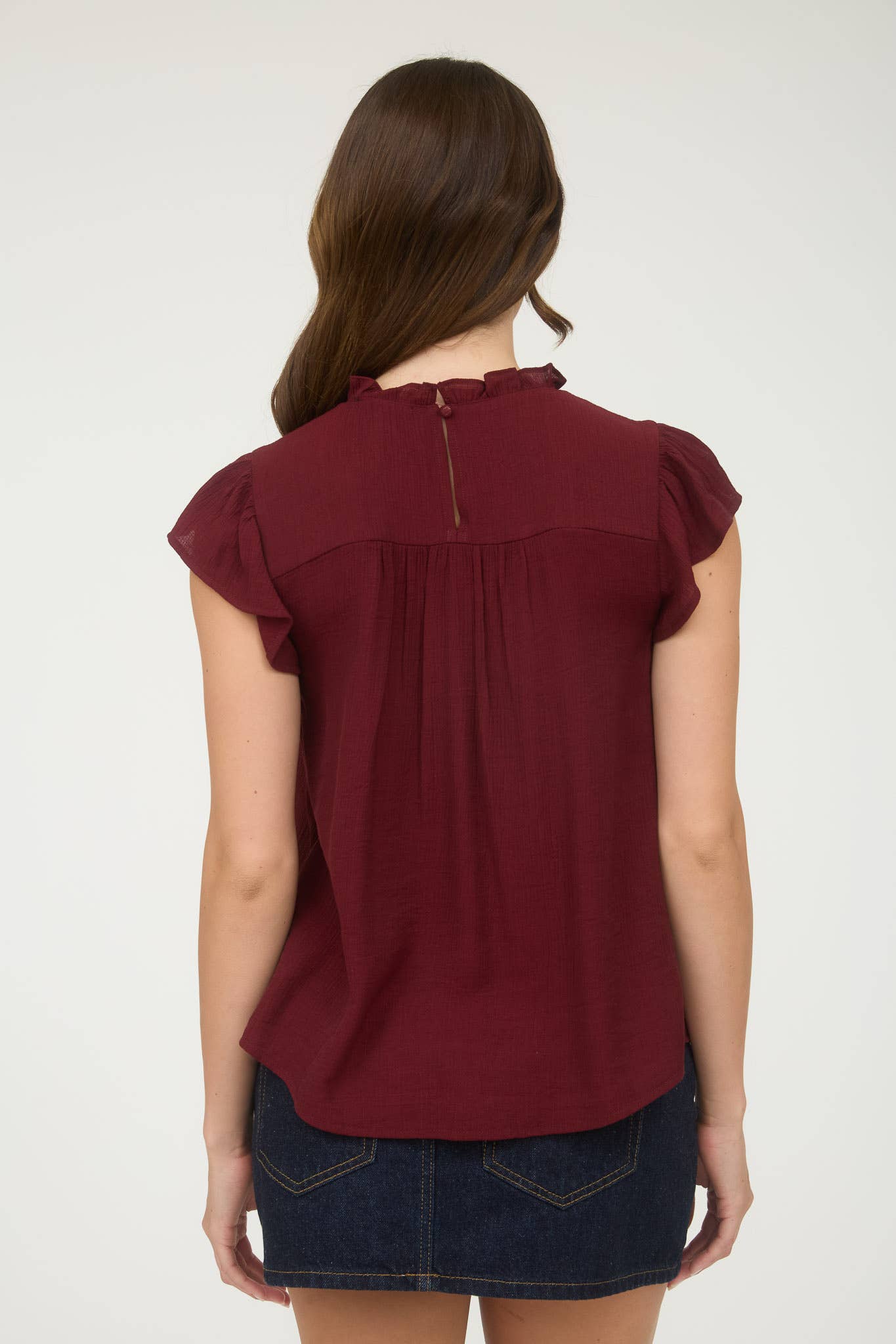 Lace Trim Ruffled Short Sleeves Blouse