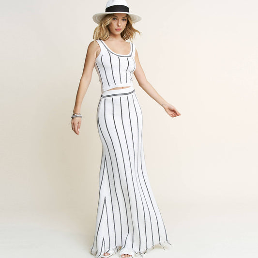 Striped Knit Top and Fringe Maxi Skirt