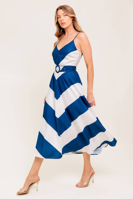 Blue and White Chevron Print Satin Midi Dress