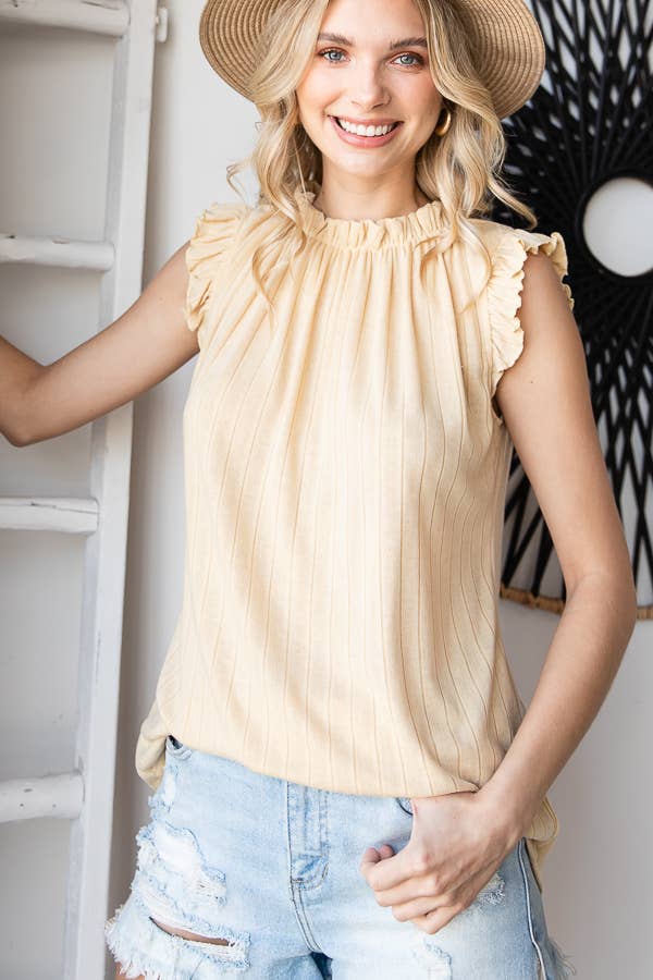 Solid Rib Shirred Neck Ruffle Cap Sleeve Top