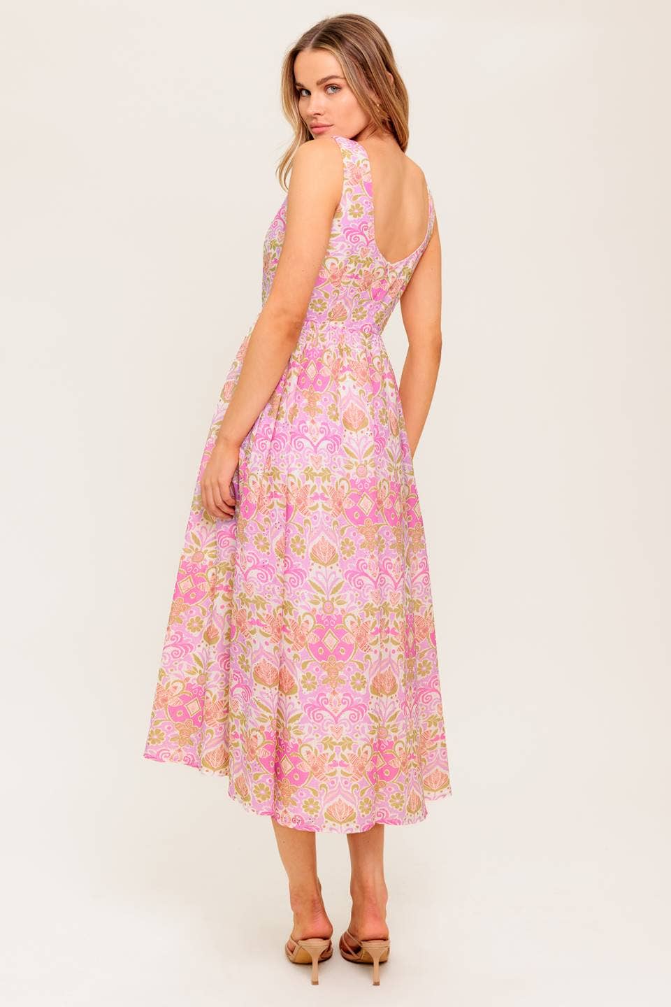 Pink Floral Print Midi Dress