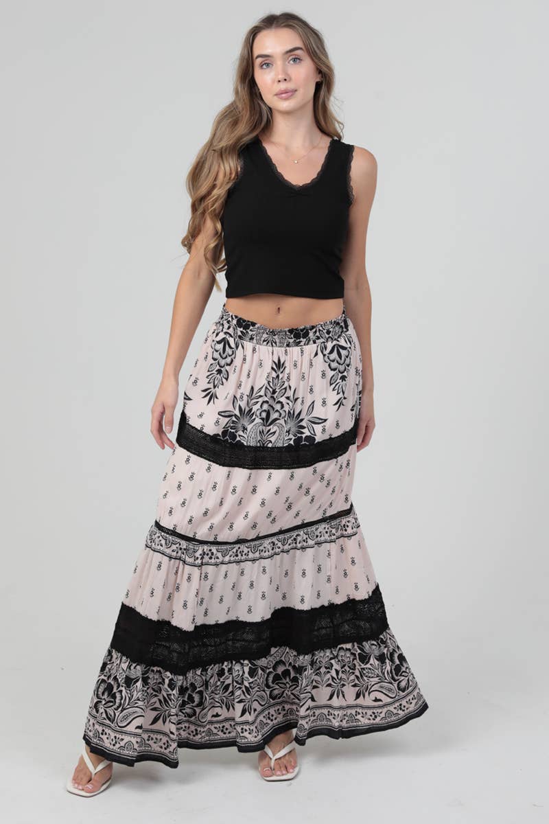 Lace Trim Printed Maxi Skirt