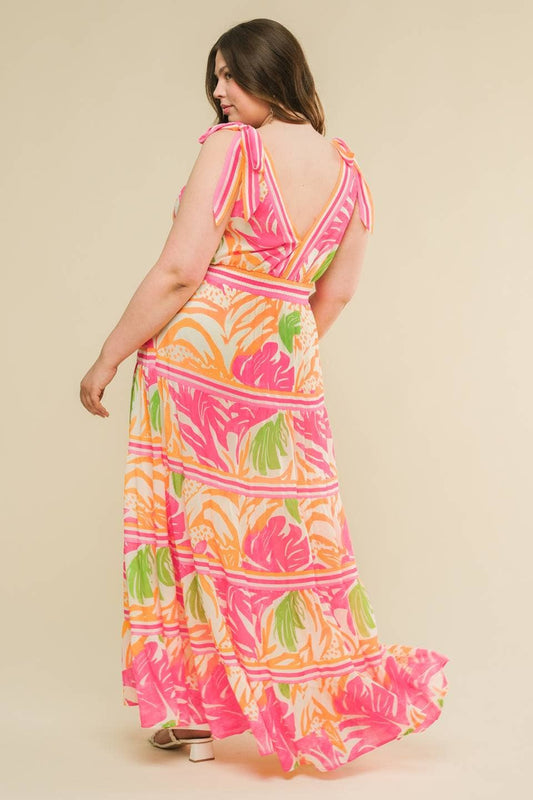 Plus Size Plant Print Tie Shoulders Maxi Dress