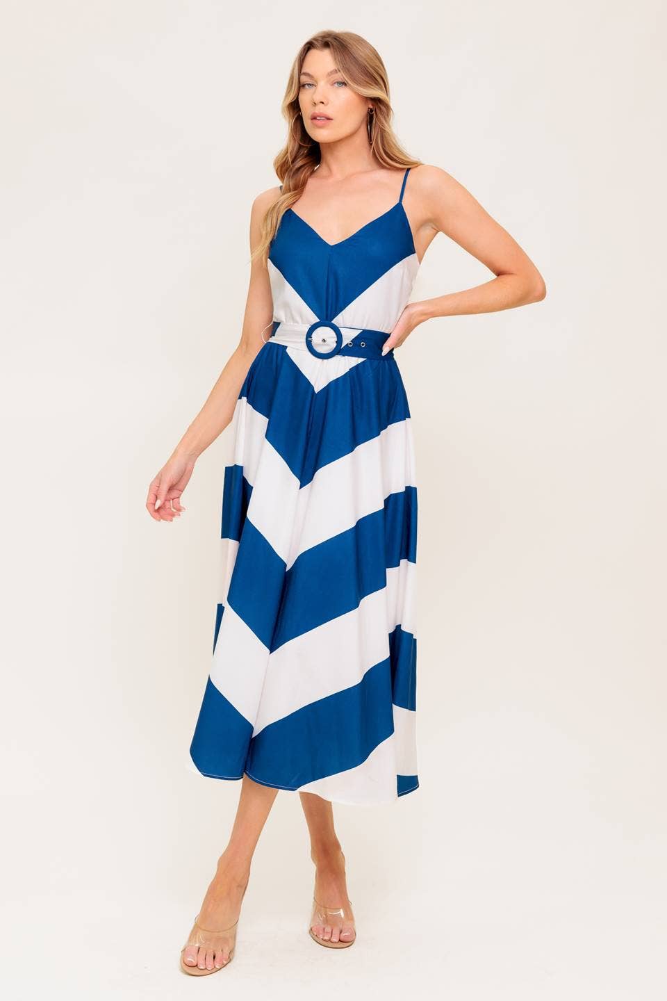 Blue and White Chevron Print Satin Midi Dress