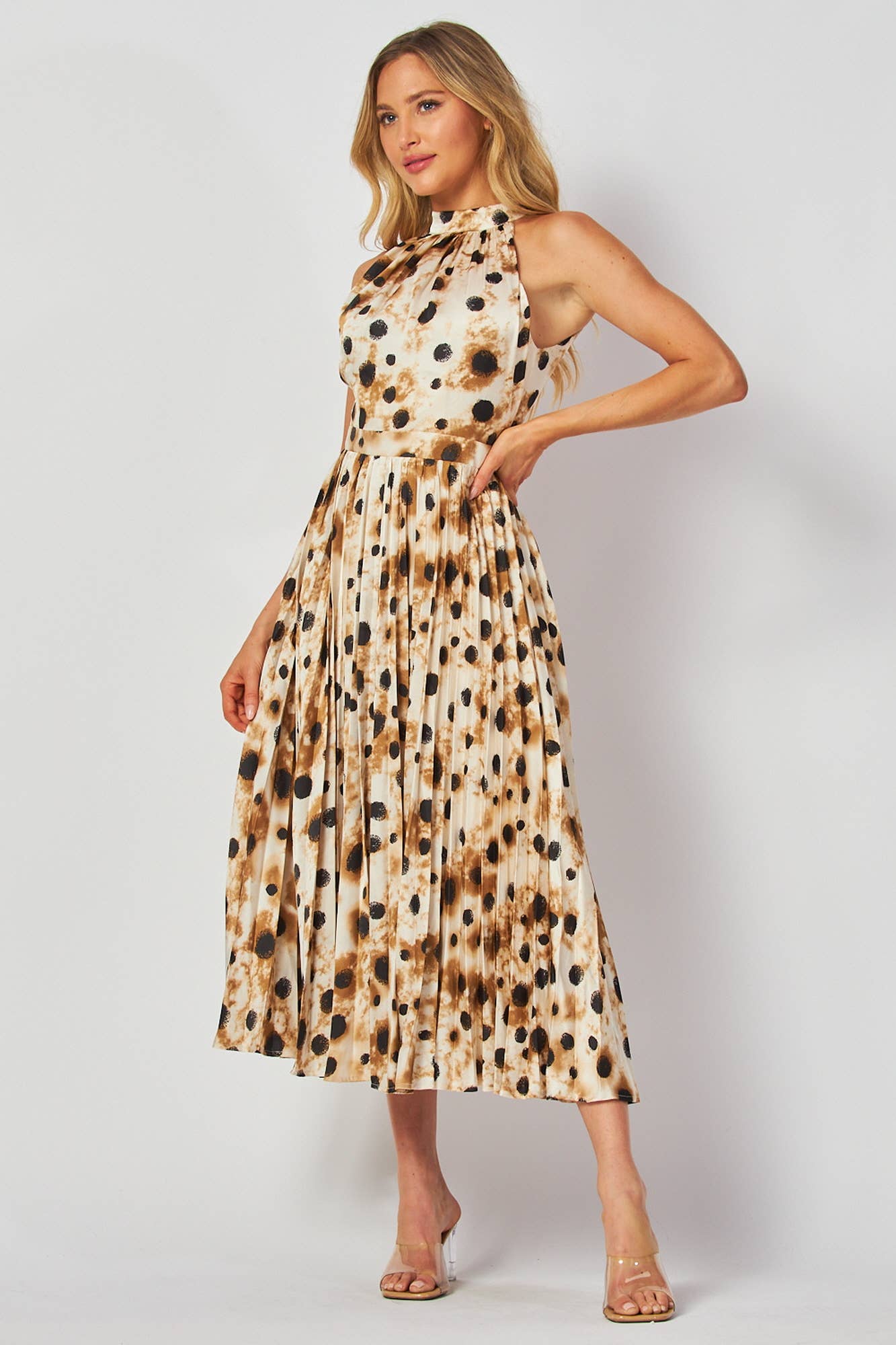 Dots Print Sleeveless Choker Neck Midi Cocktail Dress