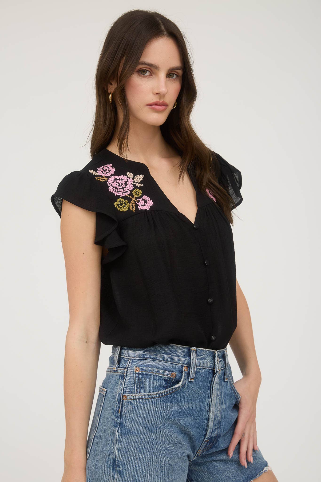 Floral Embroidery Button Down Top