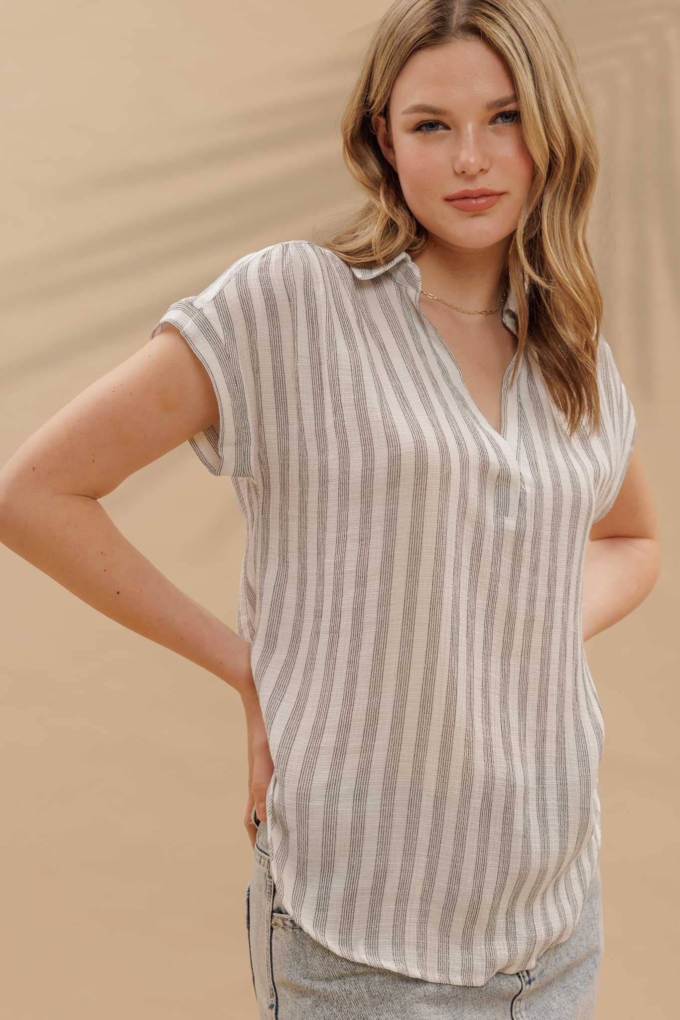 Black and White Striped Collared Front Top