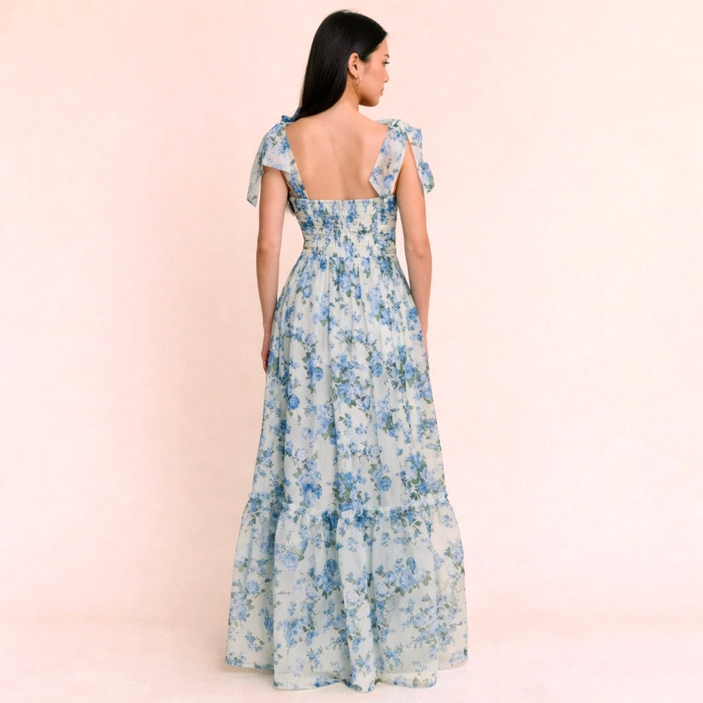 Mint Floral Ruffle Off- Shoulder Maxi Dress