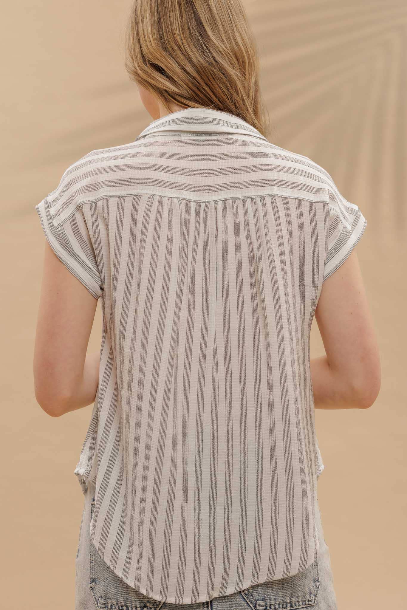 Black and White Striped Collared Front Top