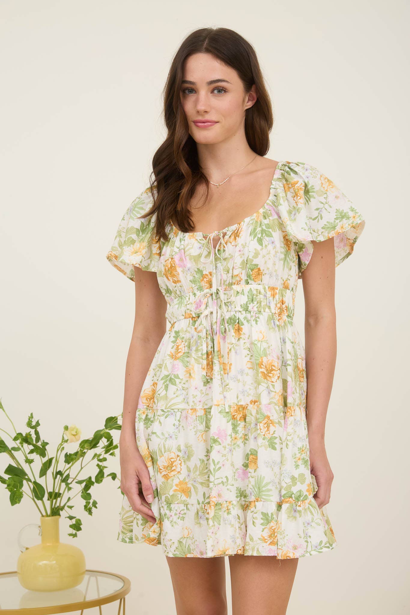 Floral Tie Front Tired Mini Dress