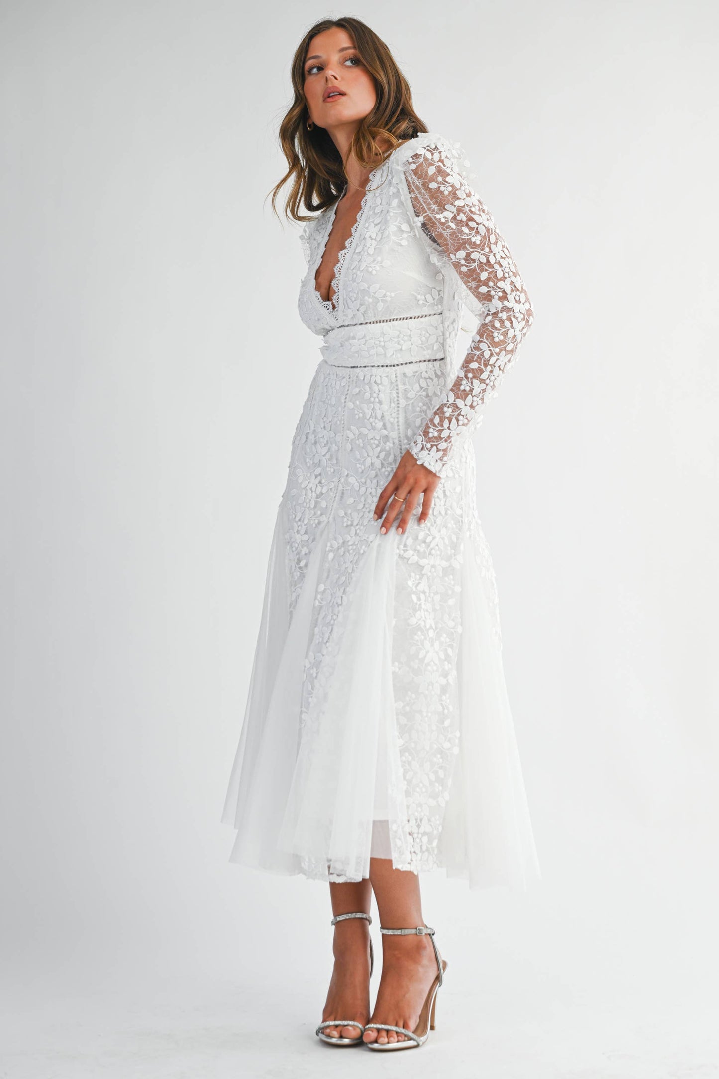 White Floral Embroidered Lace A-Line Dress