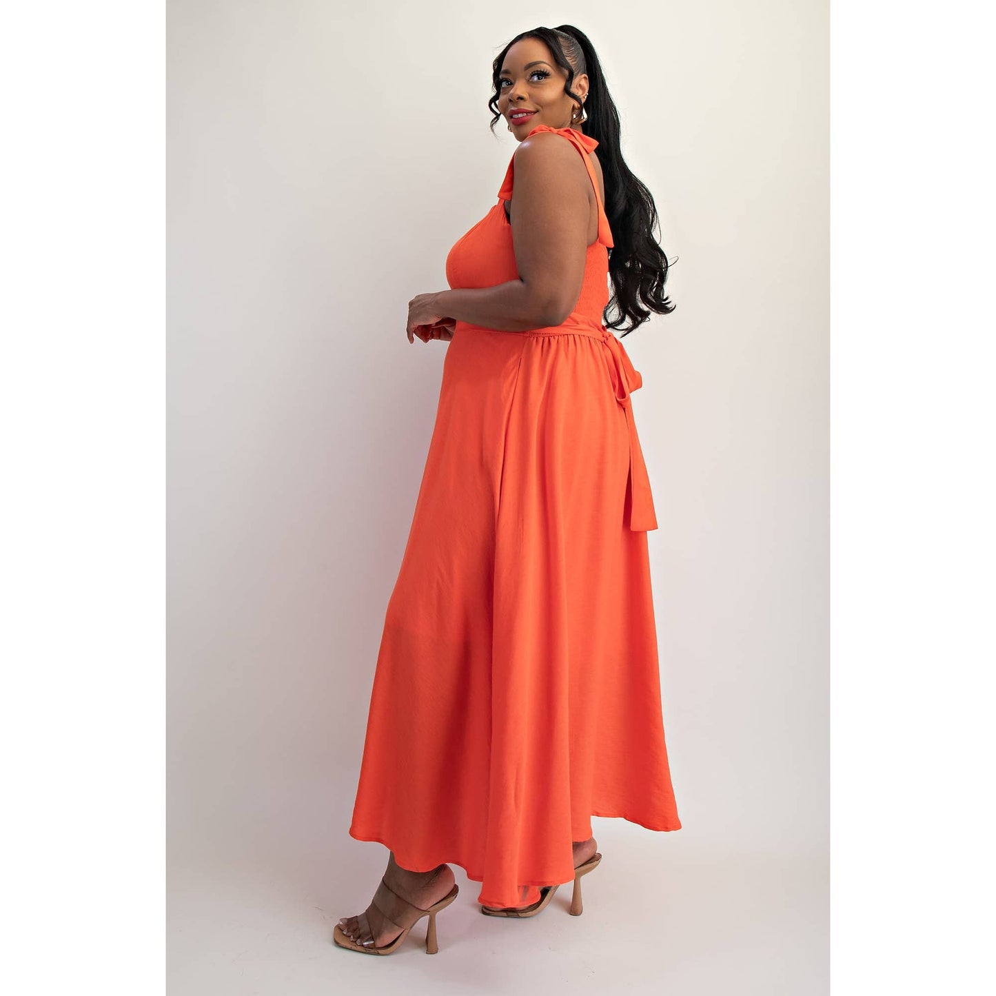 Orange Plus Size Tie Shoulder Woven Midi Dress