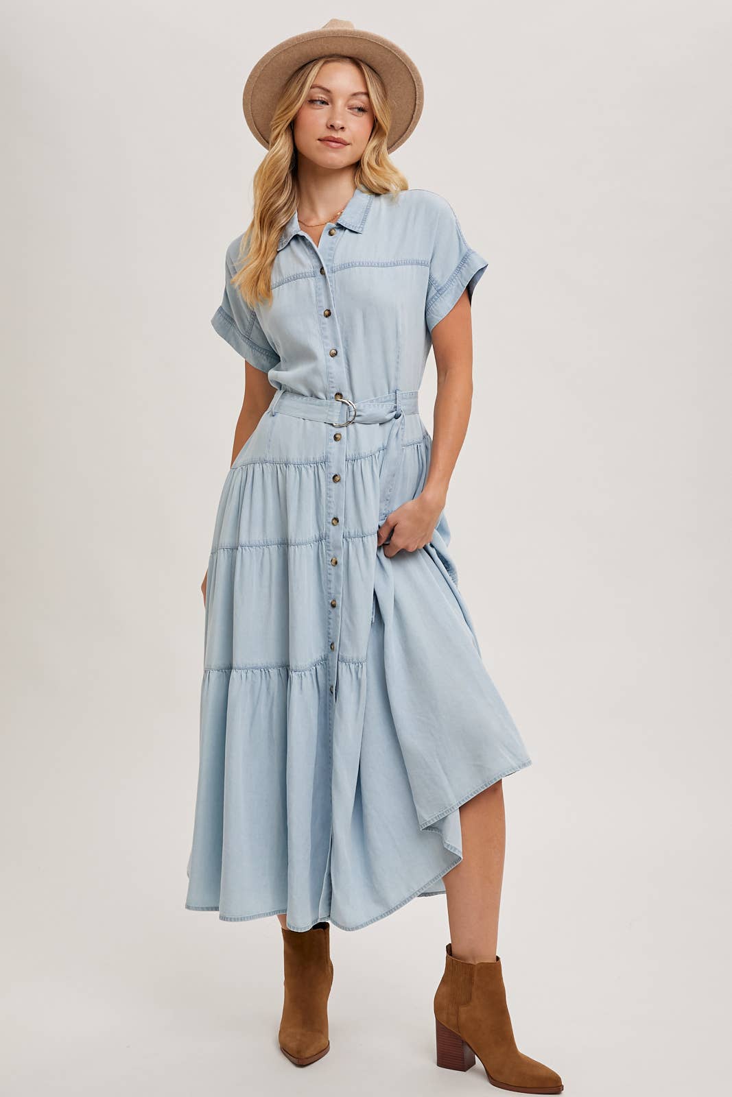 Light Wash Denim Button Front Maxi Dress