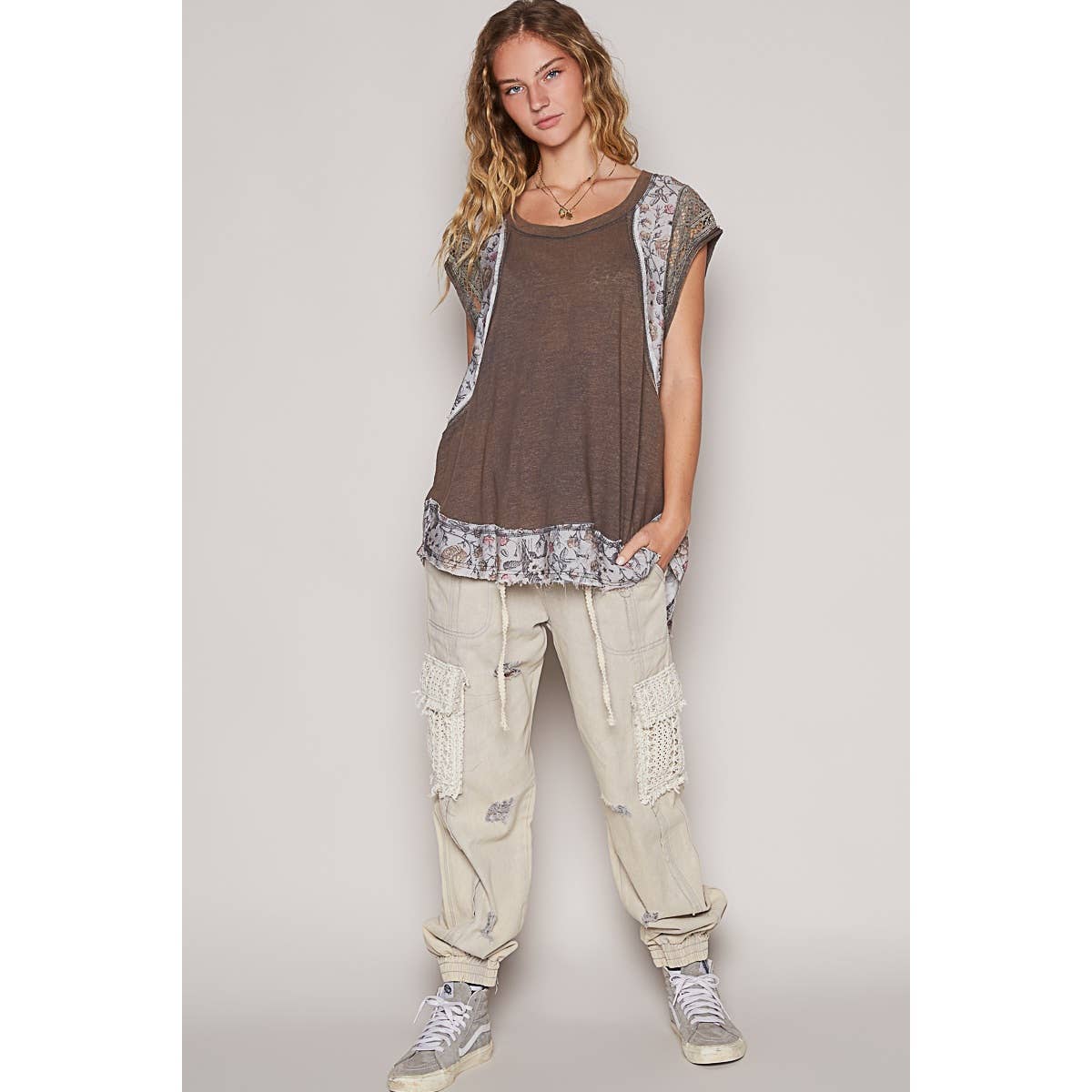 Charcoal with Floral Crochet Contrast Round Neck Sleeveless Top