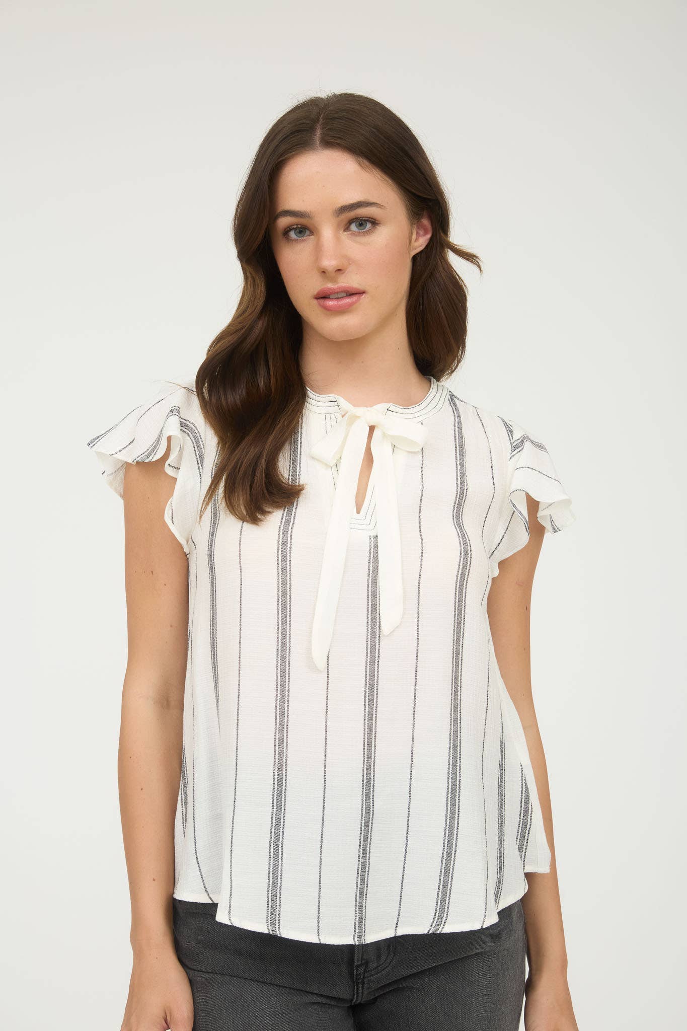 Tie Neck Black and White Stripe Ruffled Sleeves Top