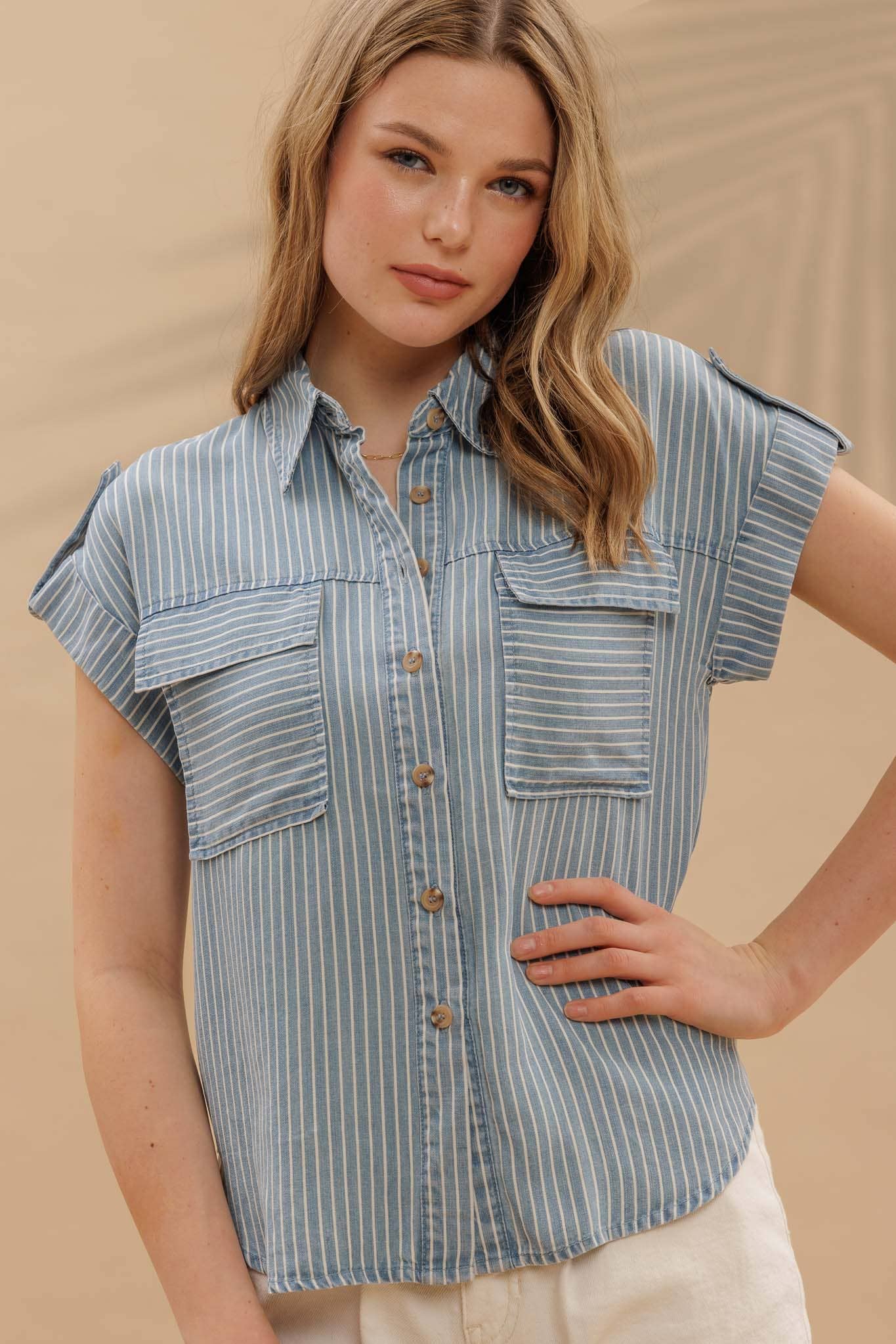 Striped Button Down Tab Sleeve Blouse