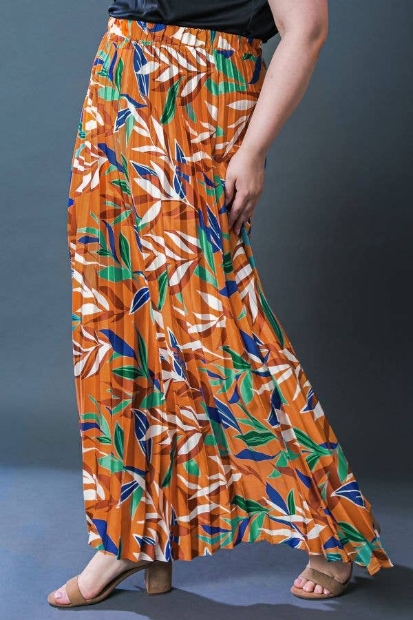 Leaf print Pleated Maxi Skirt