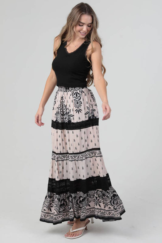 Lace Trim Printed Maxi Skirt