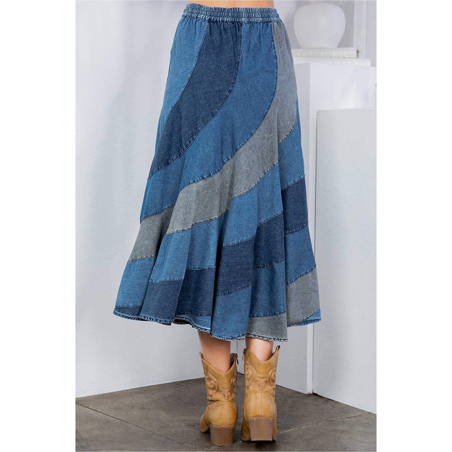 Mid-Length Denim Skirt With Asymmetrical Bias Panels