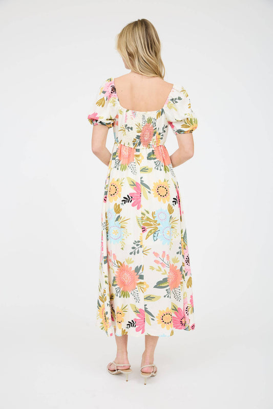 Floral Puff Sleeves Midi Dress