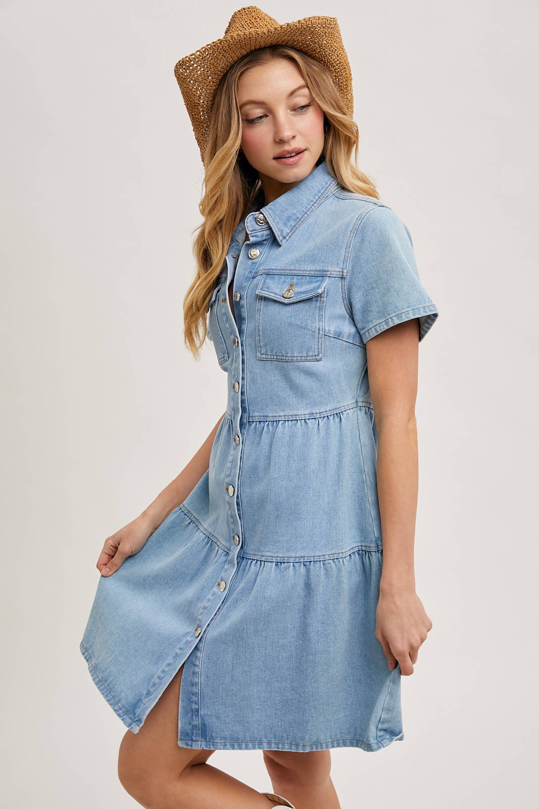 Denim Tiered Button Front Shirt Dress