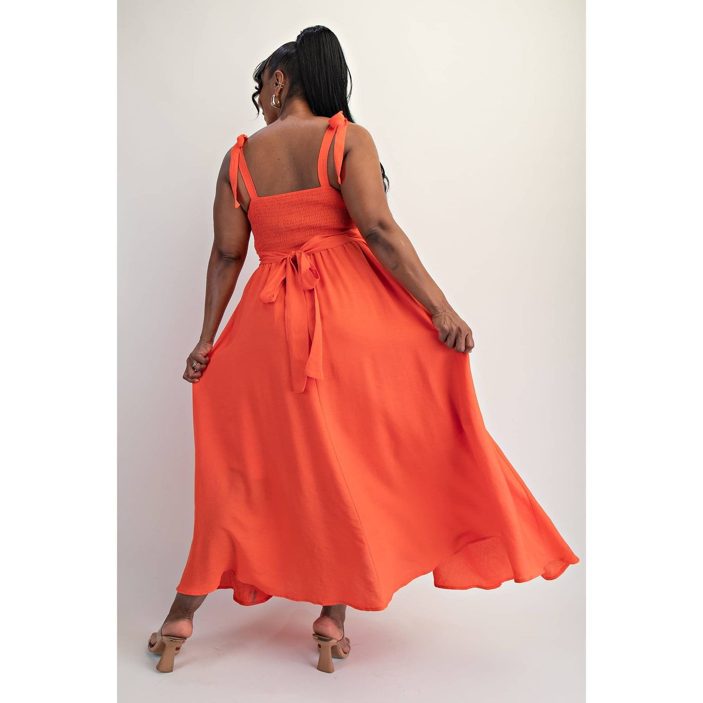 Orange Plus Size Tie Shoulder Woven Midi Dress