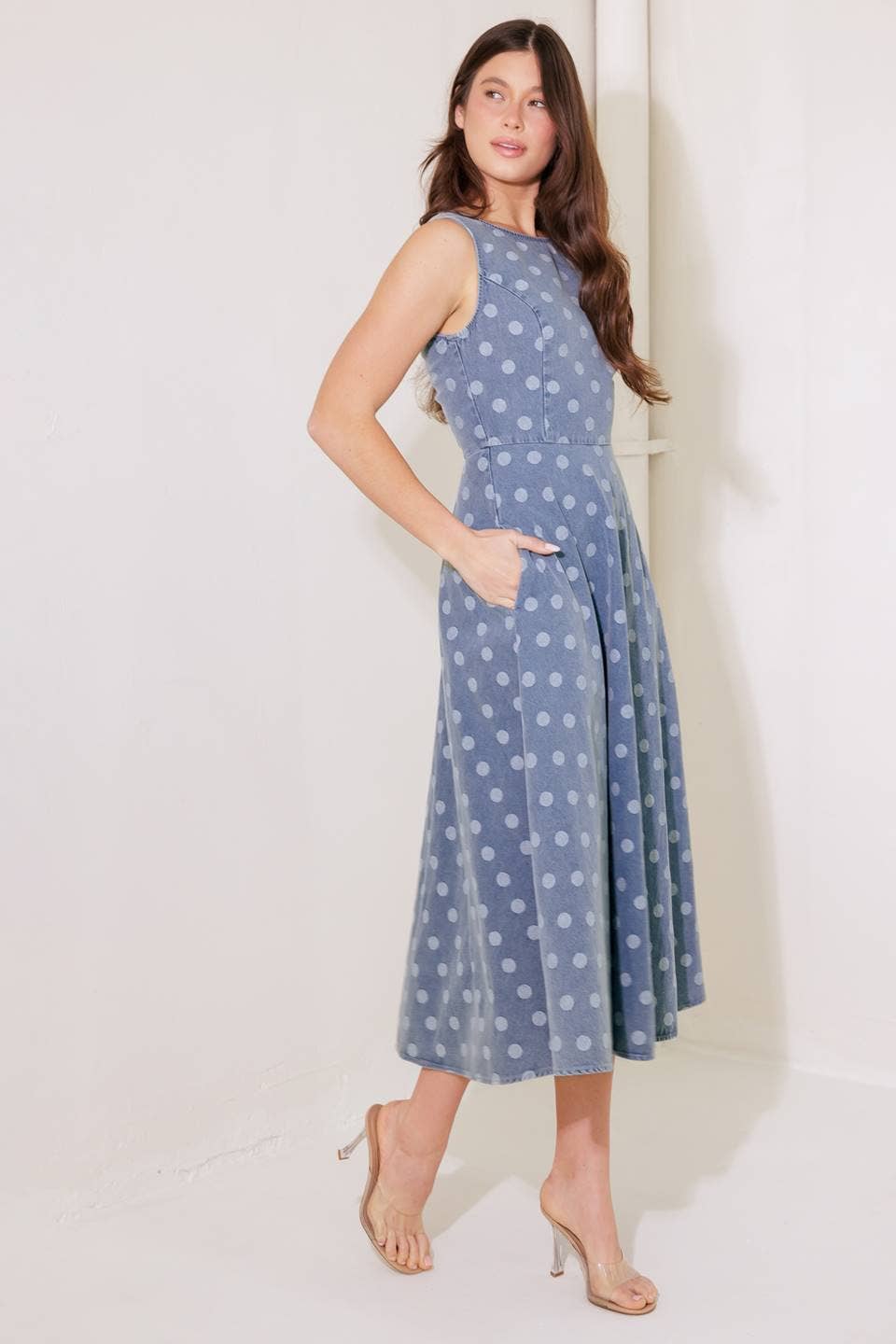 Blue and White Polka Dots Denim Midi Dress