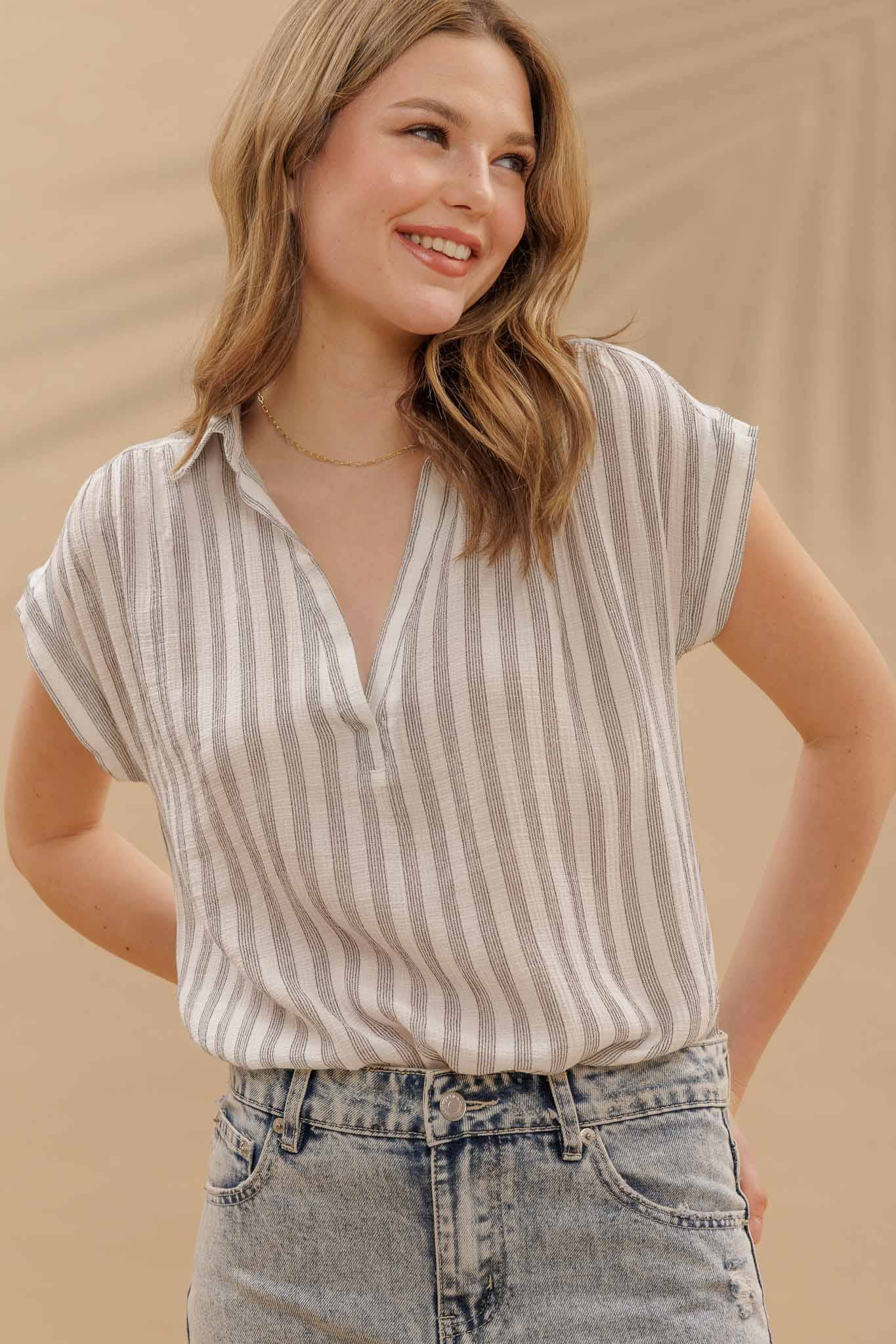 Black and White Striped Collared Front Top