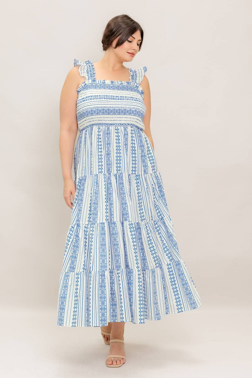 Blue and Ivory Tribal Print Smocked Top Midi Dress
