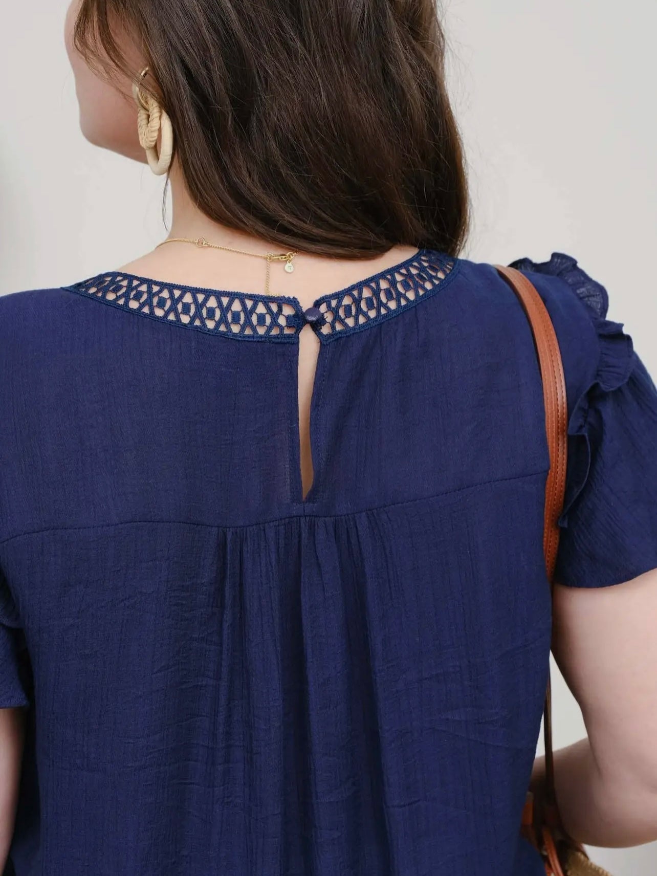 Navy Crochet Details Ruffled Sleeves Top