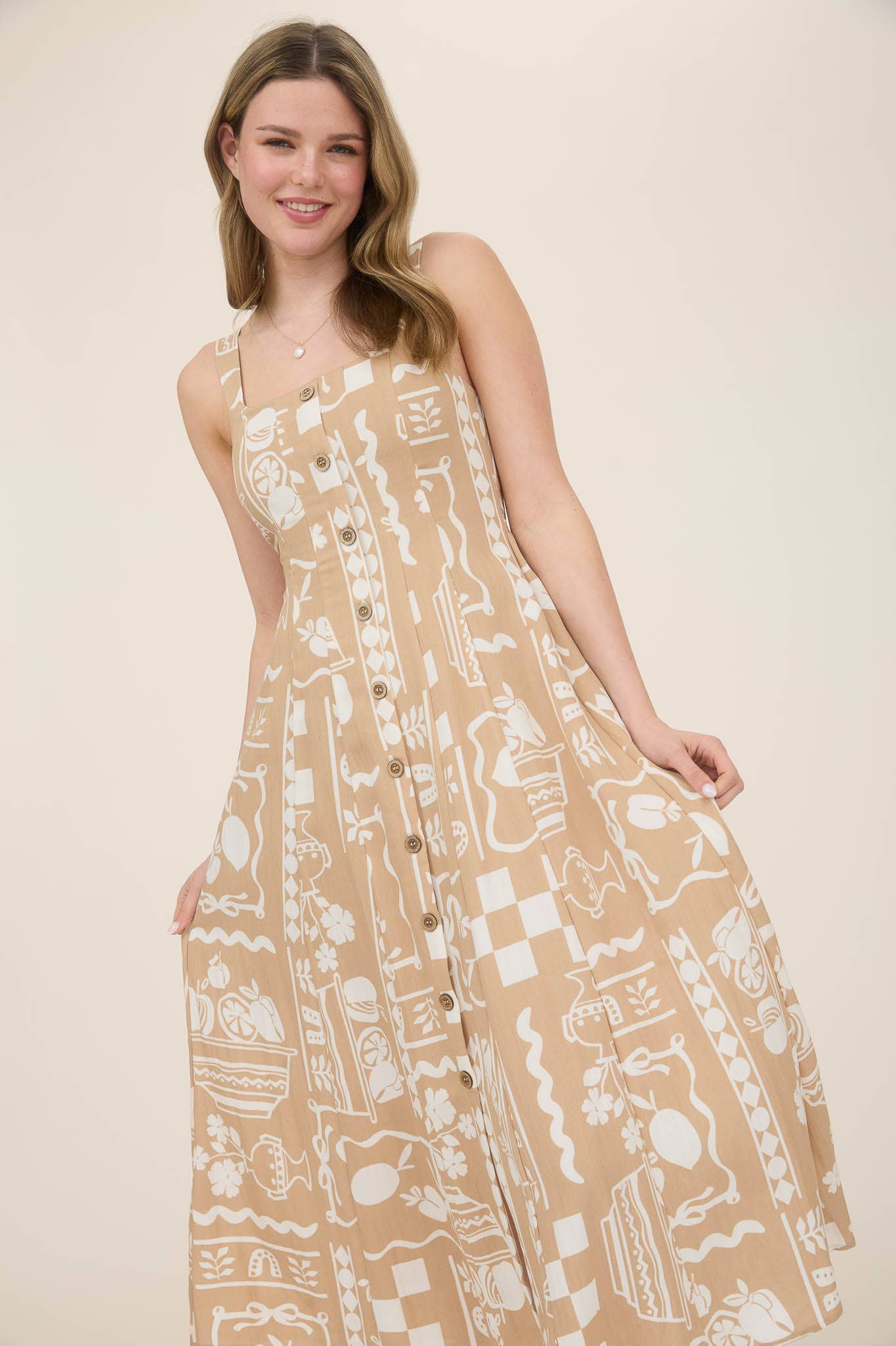 Button Down Printed Sleeveless Midi Dress