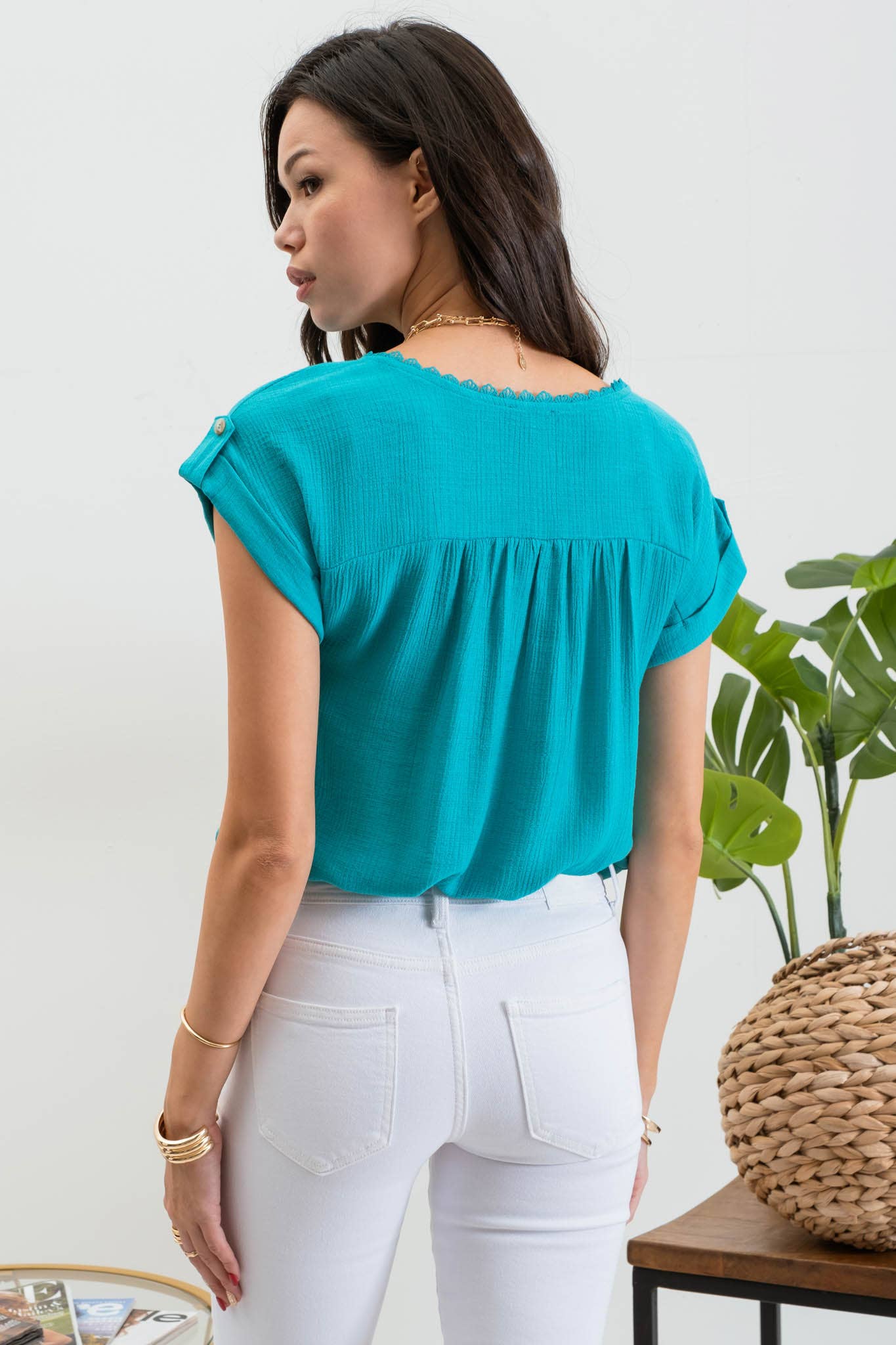 Teal Lace Trim Roll Tab Blouse