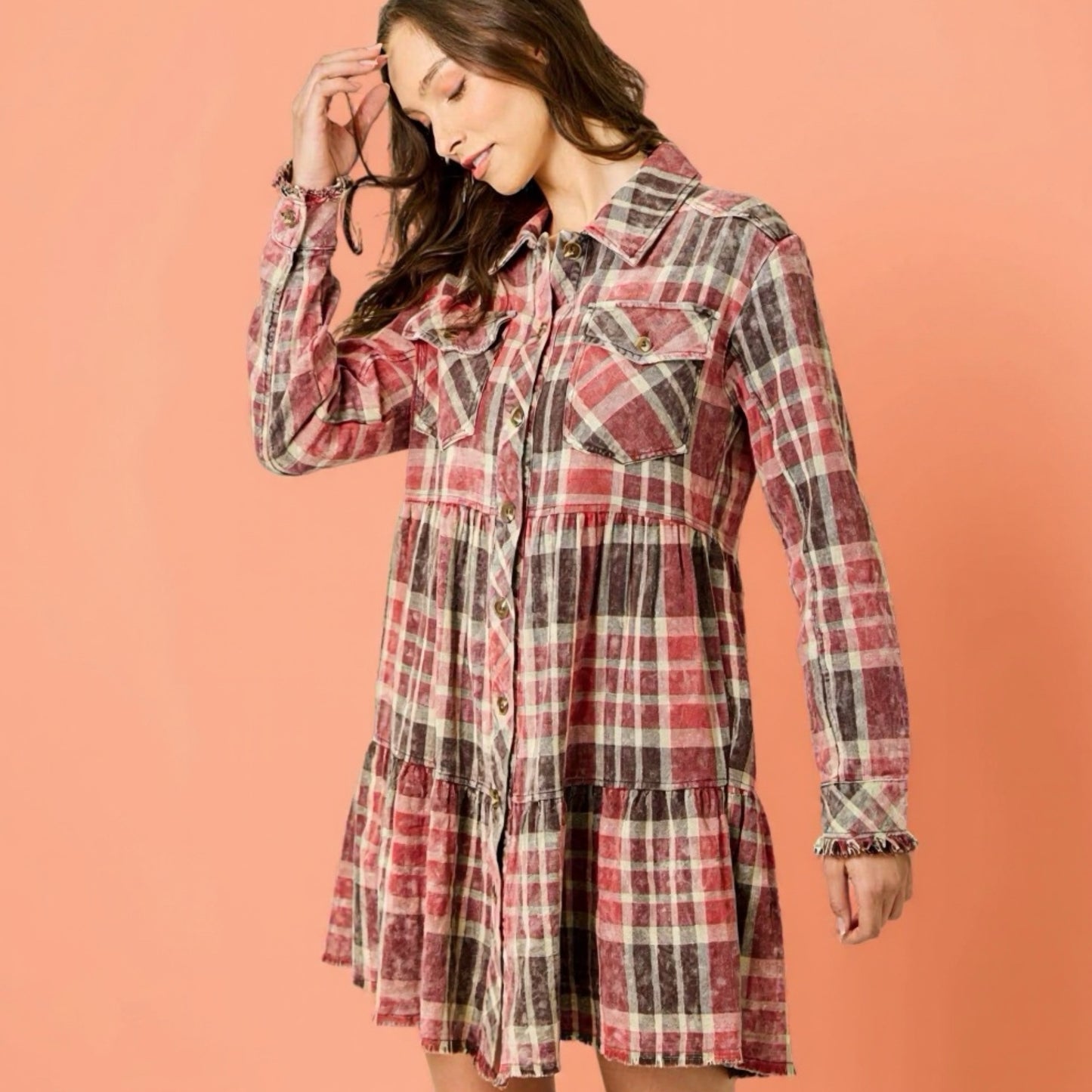 Acid Washed Tiered Coat Dress