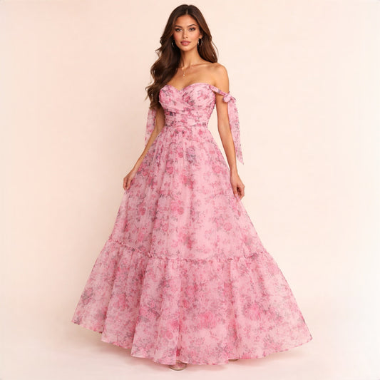 Romantic Pink Floral Off-Shoulder Maxi Dress