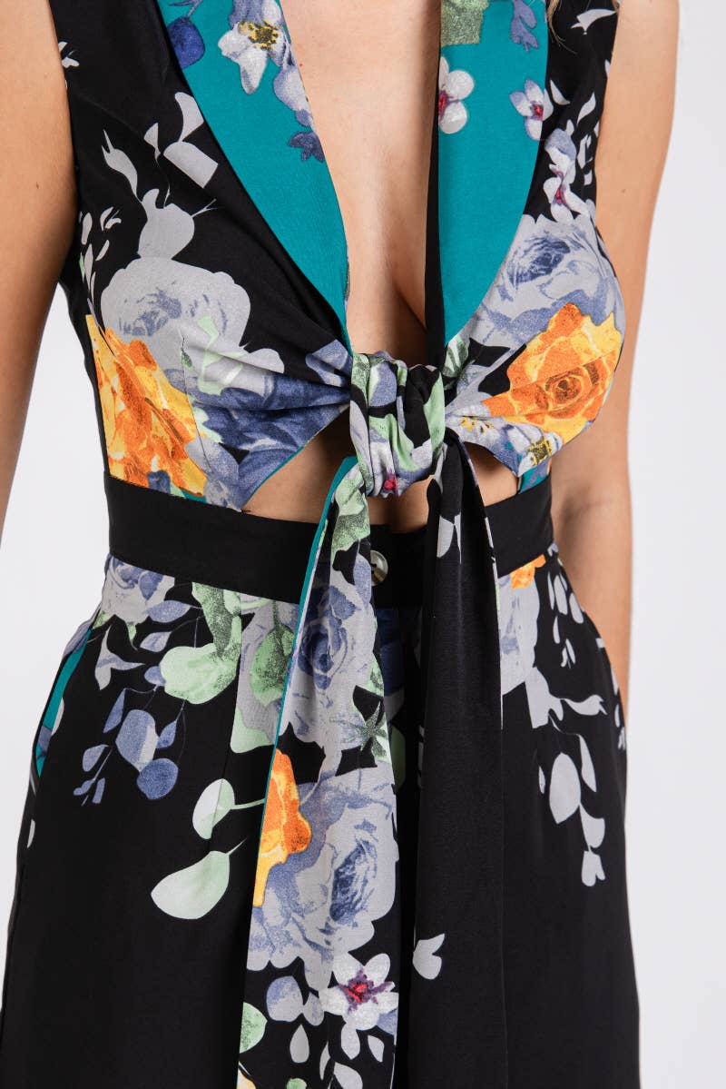 Black and Teal with Floral Print Tie Front Jumpsuit
