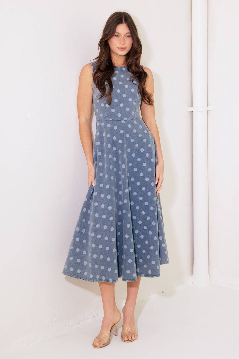 Blue and White Polka Dots Denim Midi Dress