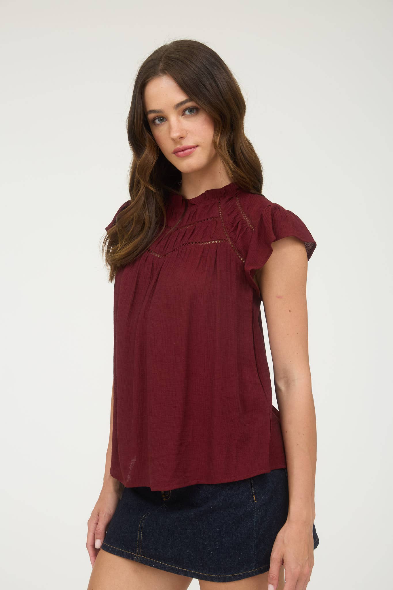 Lace Trim Ruffled Short Sleeves Blouse