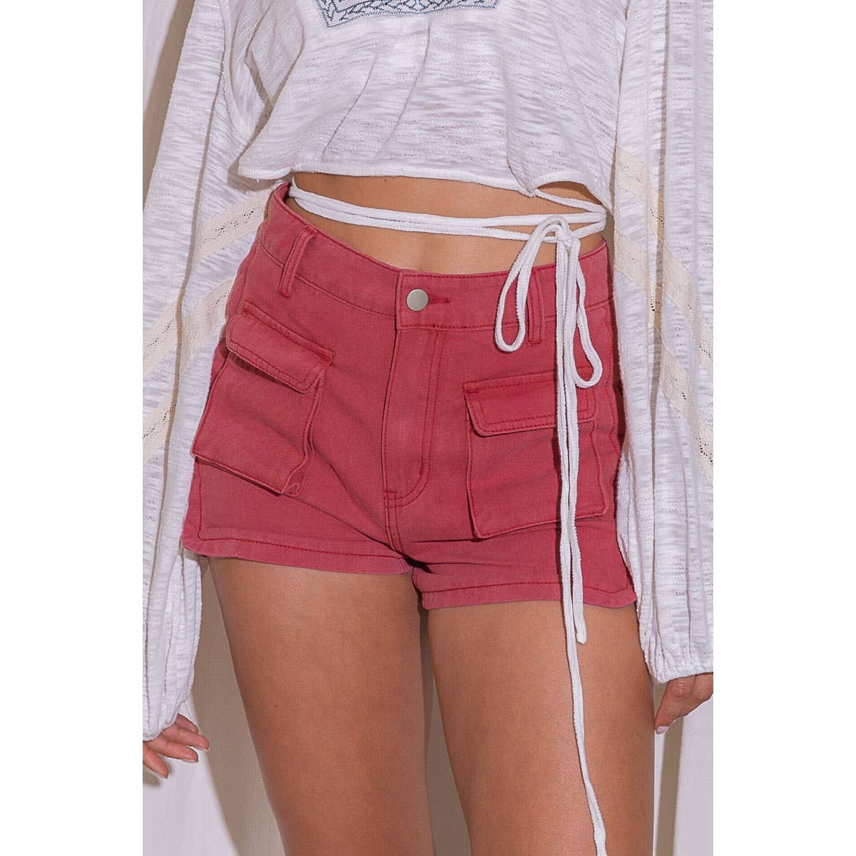 Maroon Pocket Detail Denim Shorts