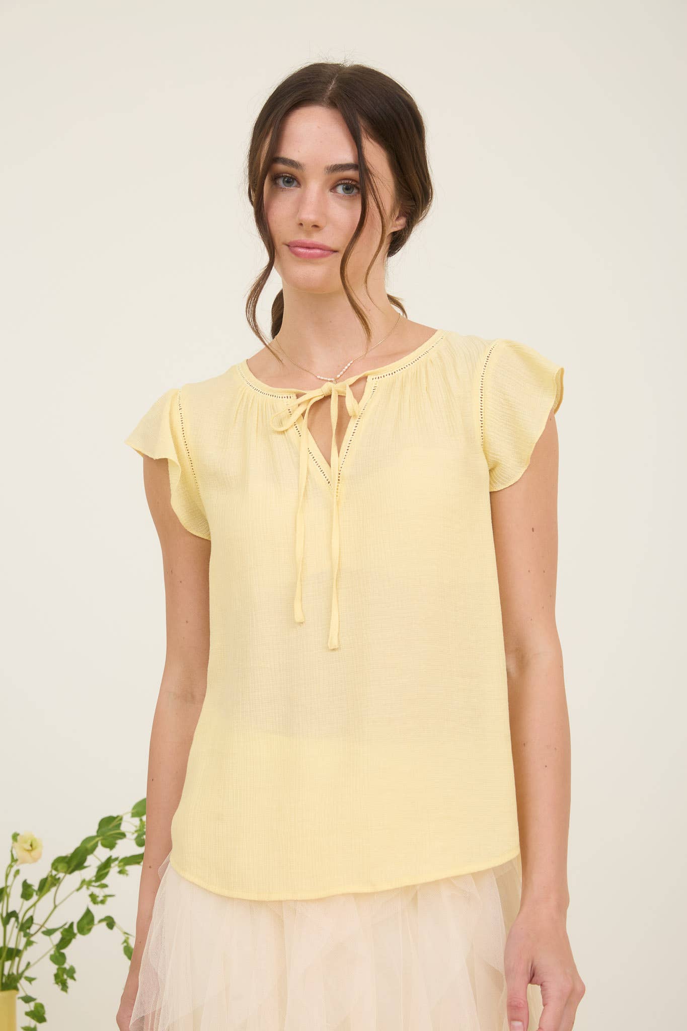 Light Yellow Lace Trim Tie Front Top