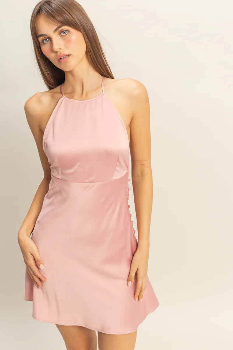 Pink Hater Neck Tie Back Satin Mini Dress