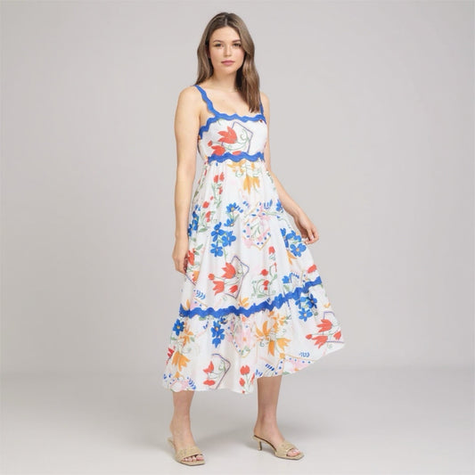 Floral Pattern Wavy Details Sleeveless Midi Dress