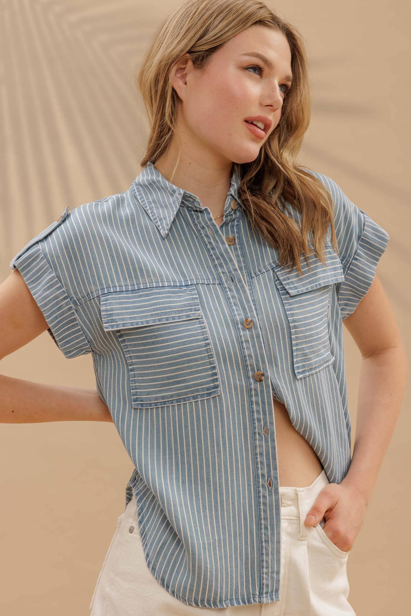 Striped Button Down Tab Sleeve Blouse