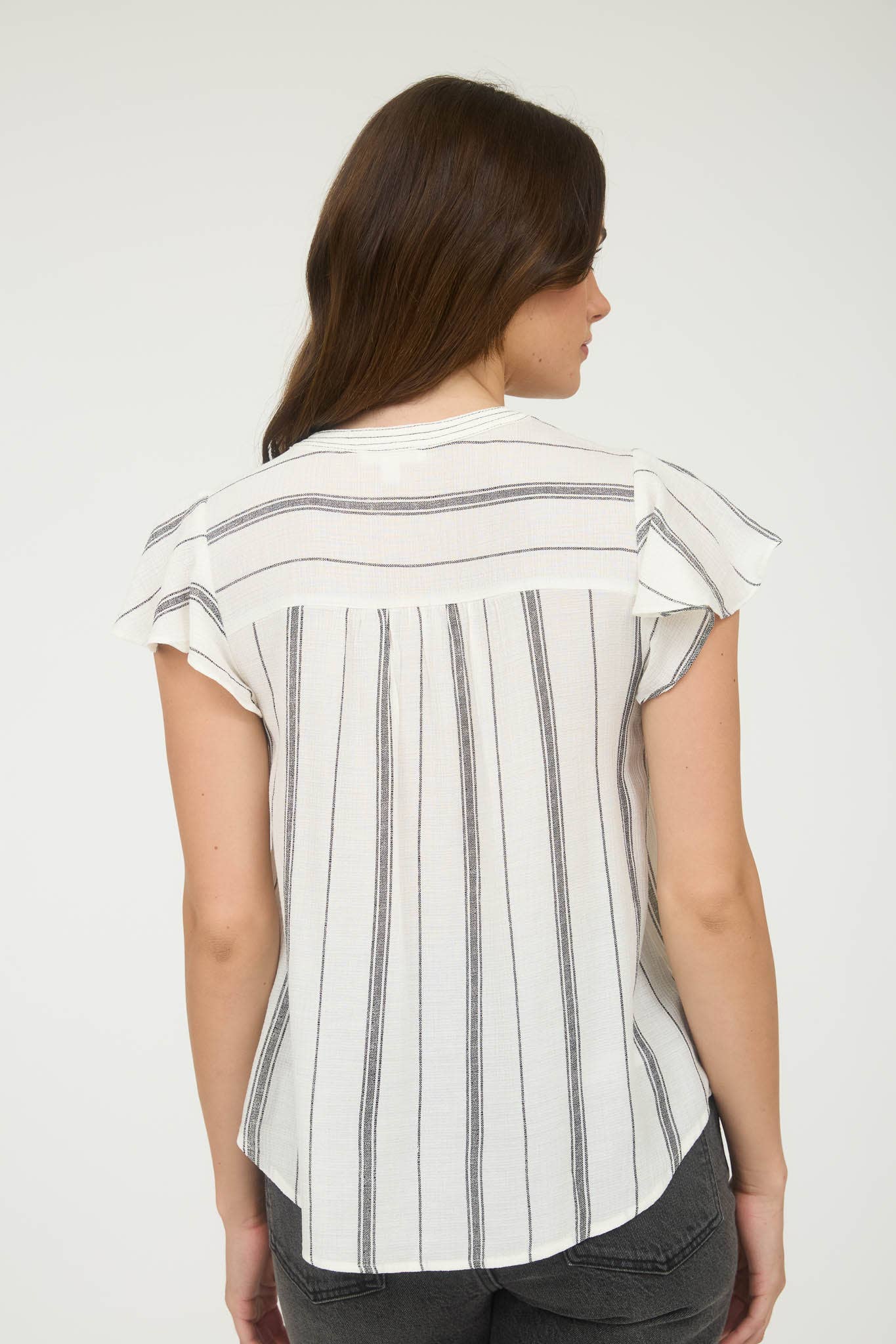 Tie Neck Black and White Stripe Ruffled Sleeves Top