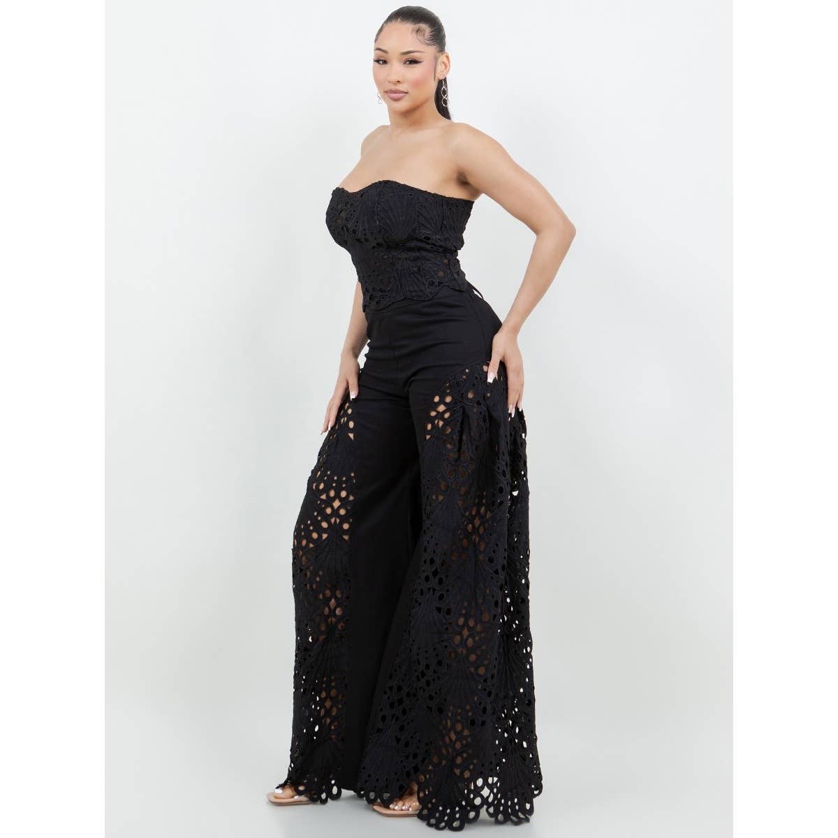 Black Lace Corset and Wide Leg Pants Set
