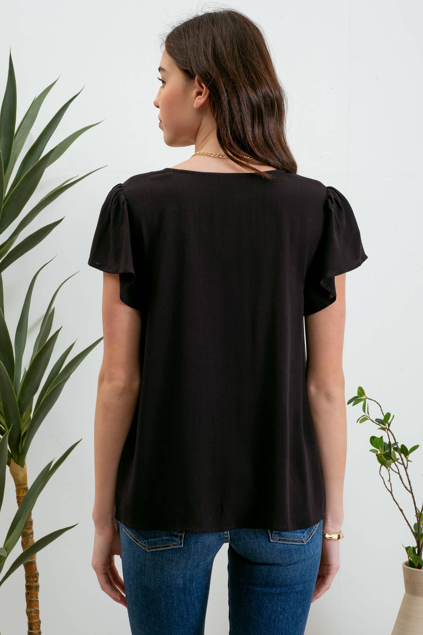 Black V- Neck Ruffled Sleeves Top