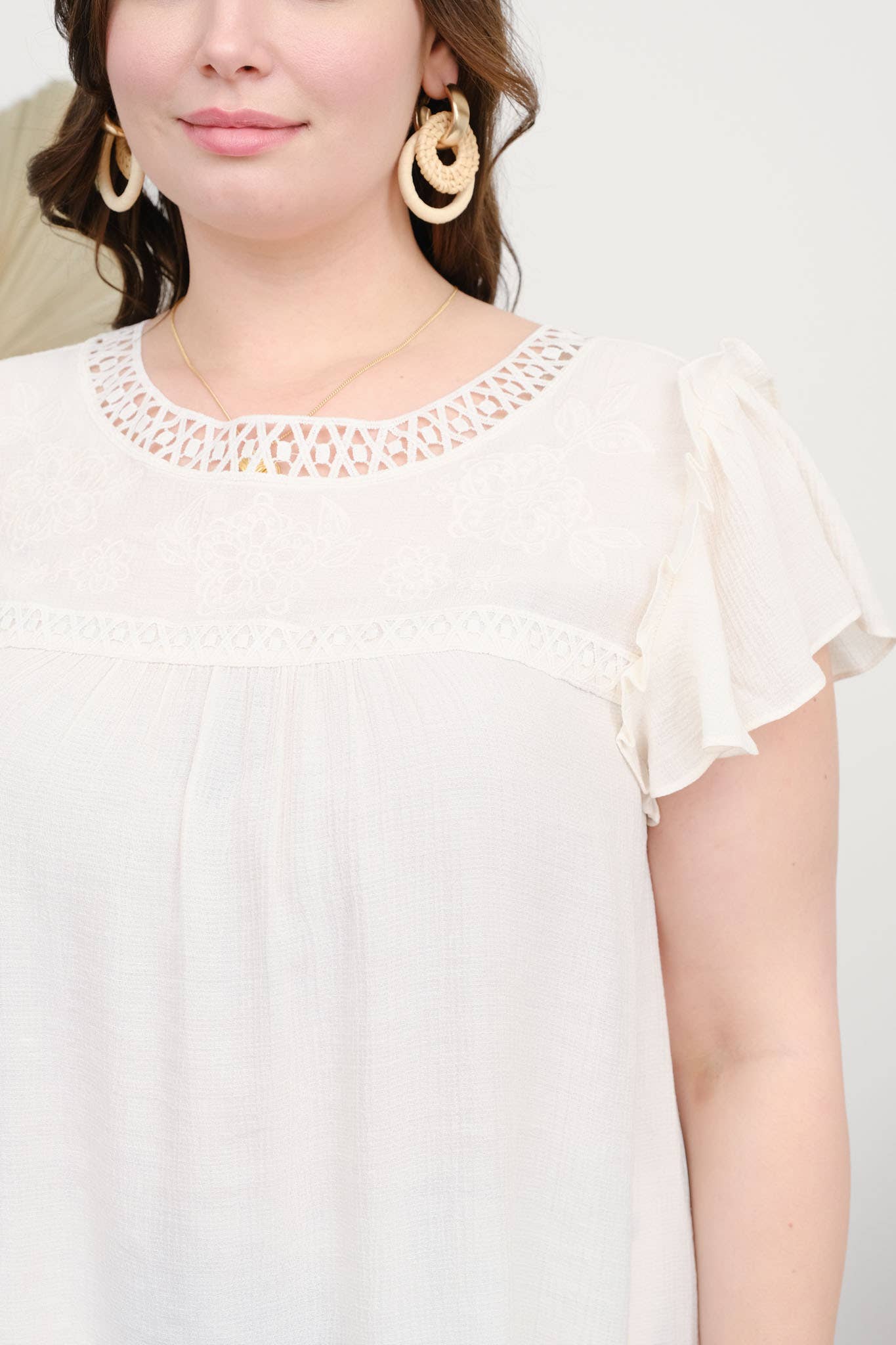Embroidered Lace Trim Ruffled Sleeve Blouse